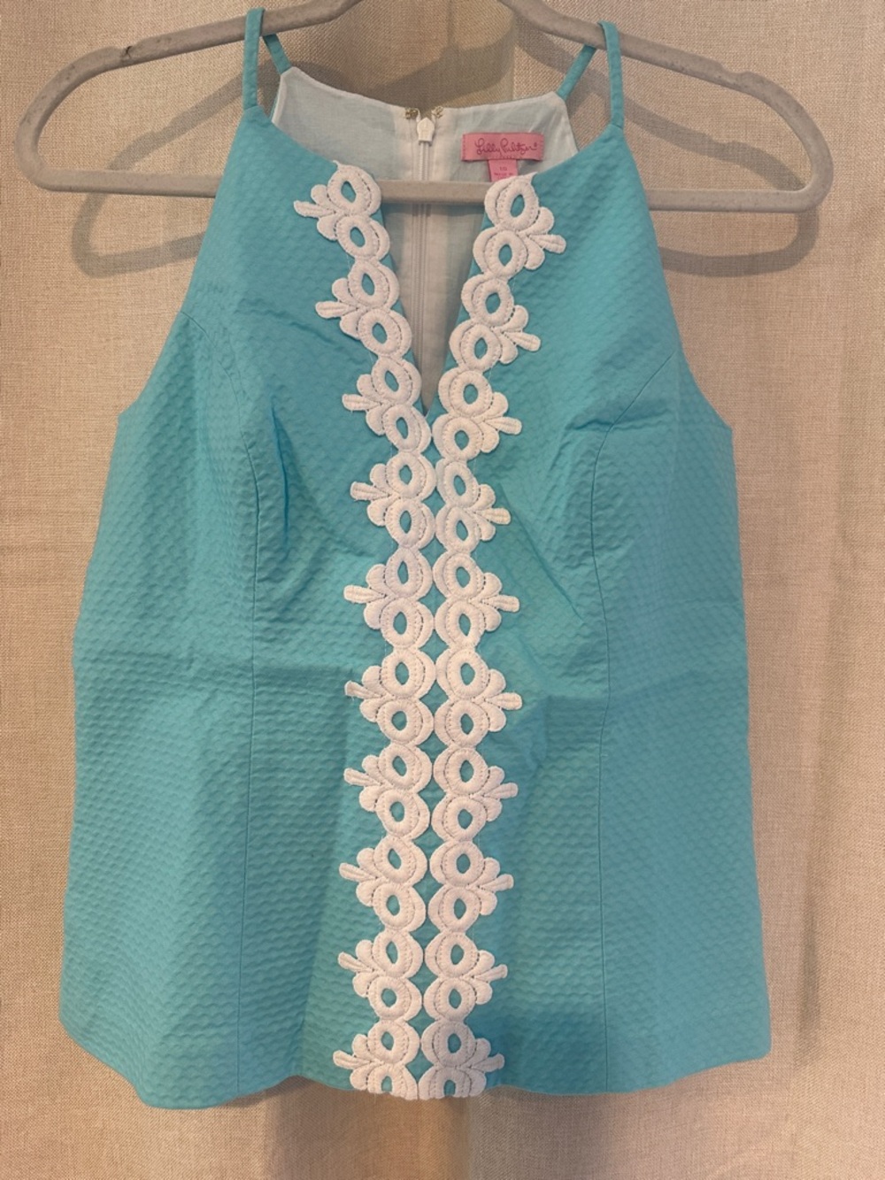 Lilly Pulitzer Turquoise Halter Tank with White Crochet Trim
